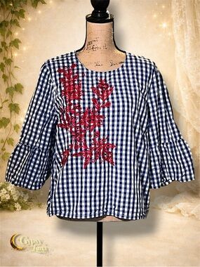 August Silk Floral Embroidered Ruffle Sleeve Blouse XL